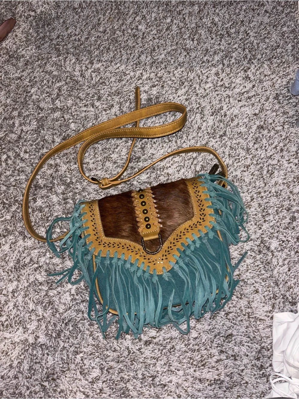 Wrangler Teal and Tan Fringe Crossbody Bag with Haircalf Accent